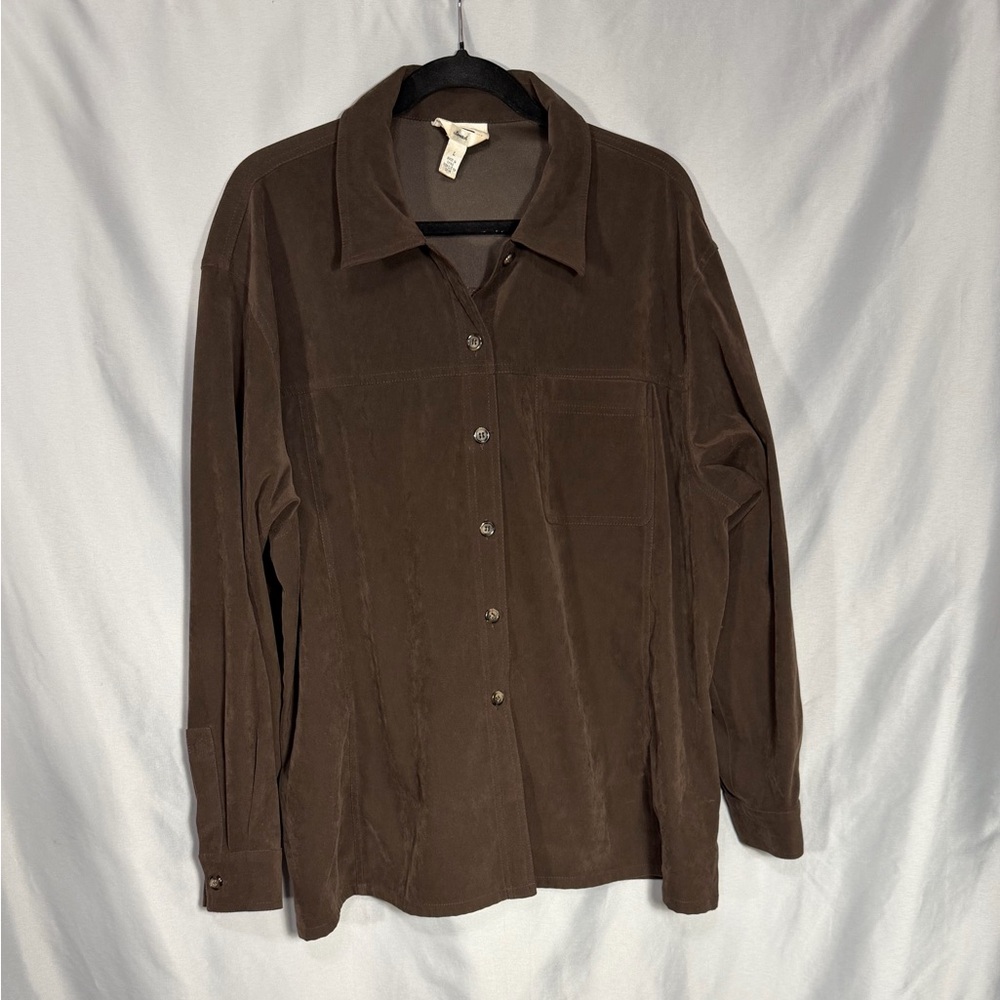 Talbots Faux Suede Shirt Women's Brown Collared Button Front Long Sleeve Sz L